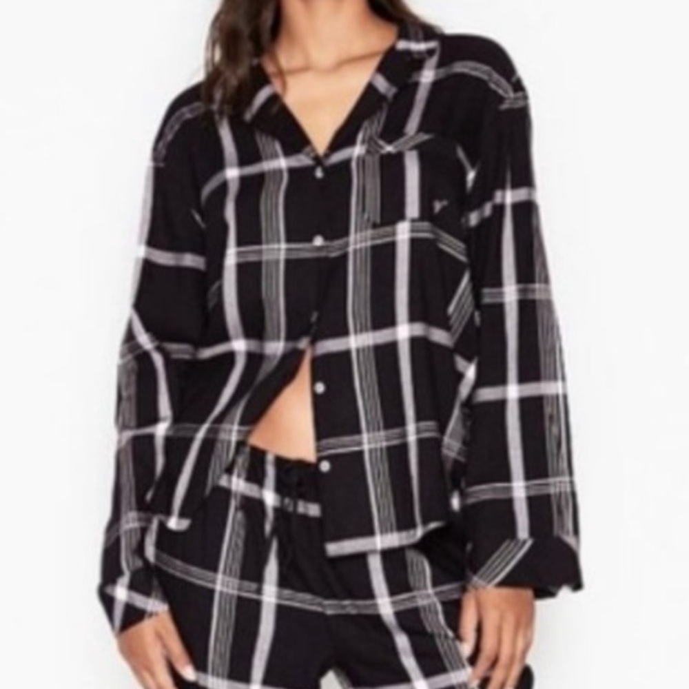 victoria secret black and pink plaid flannel button up long sleeve pajama shirt.